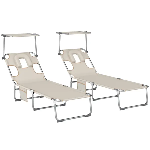 Outsunny Set de 2 șezlonguri pliante reclinabile cu copertină 360° orificiu facial buzunar lateral și Textilene 550 g/m² bej | Aosom Romania