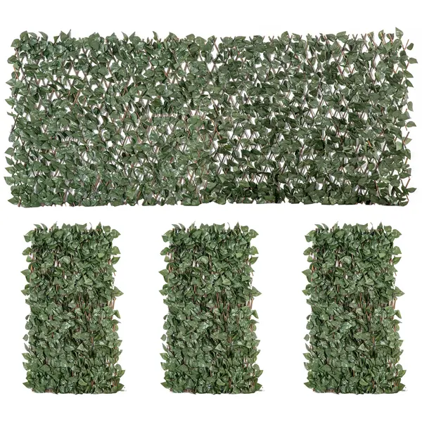 Outsunny Set de 4 garduri vii artificiale din iederă extensibile, panou paravan cu frunze din poliester şi ratan, 200 x 100 cm, Verde | Aosom Romania