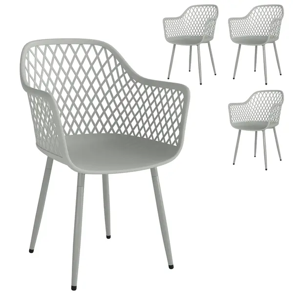 Outsunny Set de 4 Scaune de Grădină Exterioare din PP cu Spătar Diamant Șezut Anti-UV Cotiere și Picioare Metalice Gri | Aosom Romania
