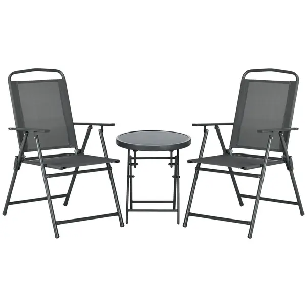Outsunny Set de Exterior din 3 Piese cu Masă cu Blat din Sticlă și 2 Scaune Pliabile din Plasă, Ф45x50 cm, Gri Deschis | Aosom Romania