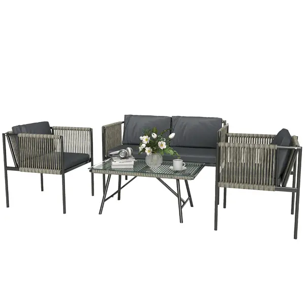 Outsunny Set de Exterior din Rattan 2 Fotolii, Canapea și Măsuță Gri | Aosom Romania