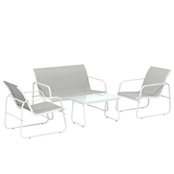 Outsunny Set de grădină exterior de 4 piese cu canapea de 2 locuri, 2 fotolii, masă cu sticlă securizată, textilene gri deschis | Aosom Romania