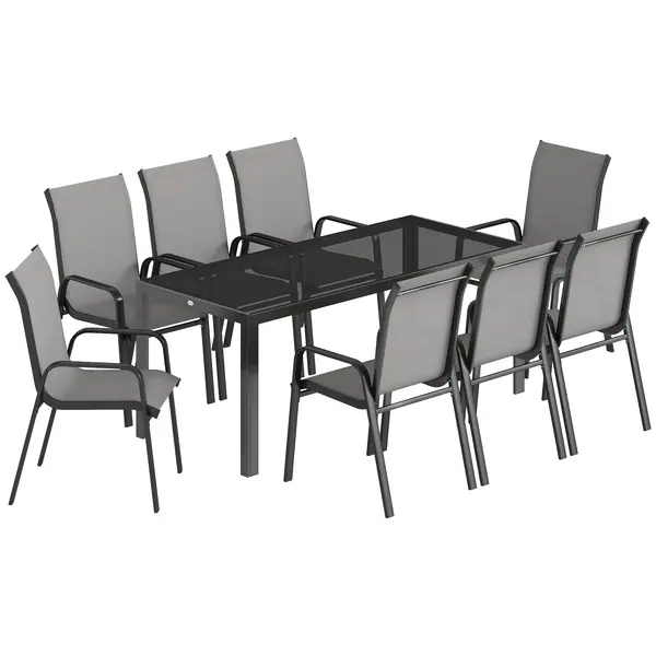 Outsunny Set de Masă de Grădină 9 Piese, Masă și Scaune pentru 8 Persoane, Set Exterior cu Blat din Sticlă Temperată, Gri | Aosom Romania