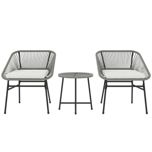 Outsunny Set de mobilier de exterior cu 3 piese, 1 masă, 2 scaune, Împletitură de ratan, Cadru din oțel, Masă de cafea cu blat de sticlă, Gri închis | Aosom Romania