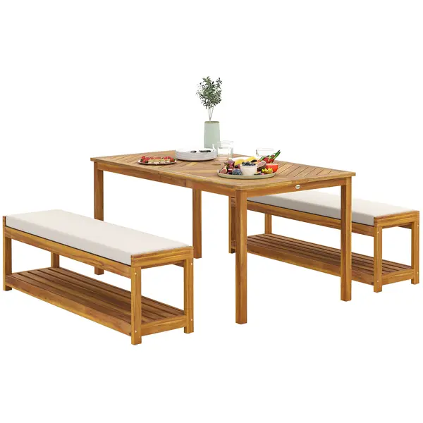 Outsunny Set de mobilier de grădină 3 buc., Set de scaune cu 1 masă cu orificiu pentru umbrelă, 2 bănci 150 x 85 x 75 cm Teak | Aosom Romania