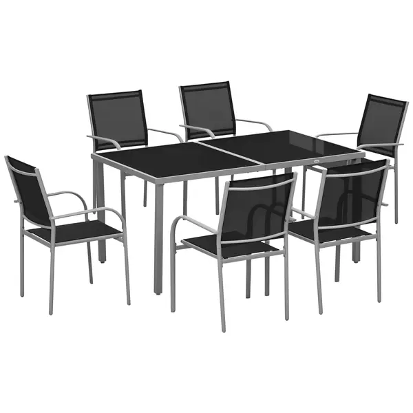 Outsunny Set de mobilier de grădină 6 scaune + 1 masă din oțel salon de grădină 7 piese scaune empilabile placă din sticlă securizată negru | Aosom Romania