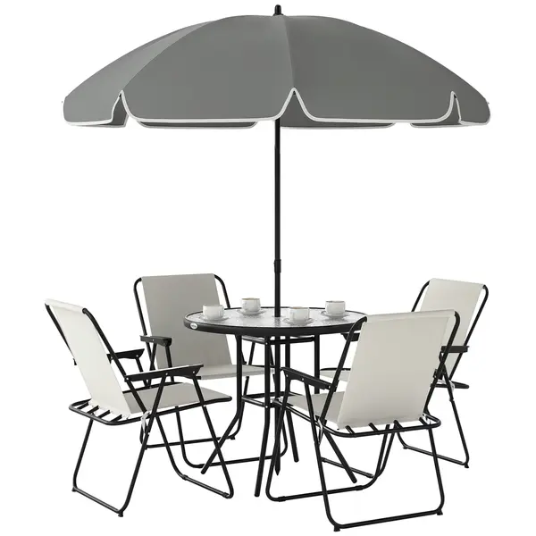 Outsunny Set de Mobilier de Grădină din 6 Piese cu Umbrelă de Soare, Masă și Scaune Pliante, Ф80x70 cm, Alb Crem | Aosom Romania