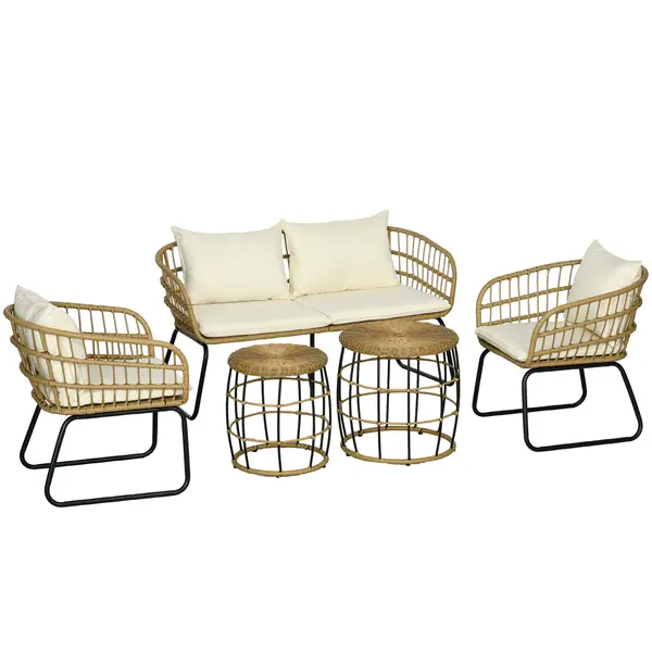 Outsunny Set de mobilier de grădină din răchită, Set de lounge pentru exterior, Stil Boho, Set de 5 piese, 145 x 70 x 78 cm, Crem + Natur + Negru | Aosom Romania