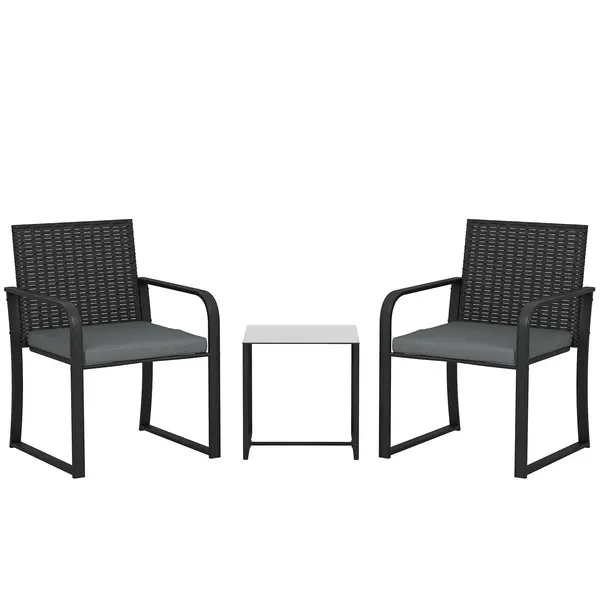 Outsunny Set de mobilier de grădină din ratan sintetic cu 2 scaune cu perne și masă cu blat din sticlă, gri | Aosom Romania