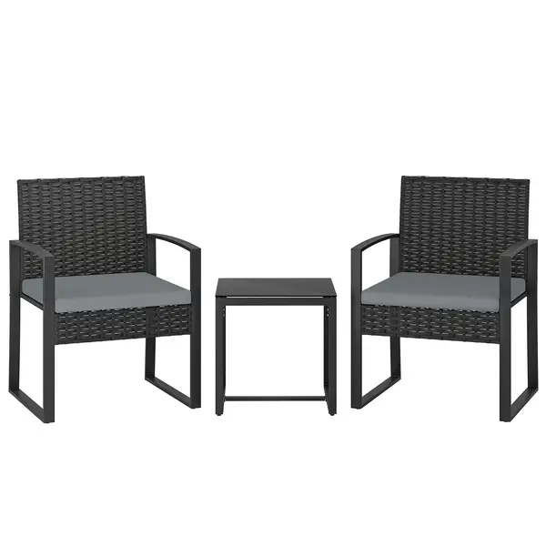Outsunny Set de Mobilier pentru Grădină din Ratan Sintetic cu 2 Scaune cu Perne Detașabile și Masă cu Blat de Sticlă, Gri | Aosom Romania