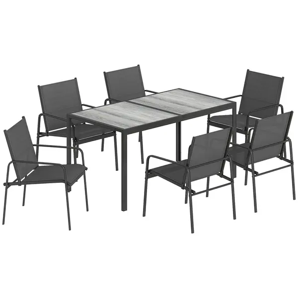 Outsunny Set de Prânz pentru Exterior, 7 Piese pentru 6 Persoane, Masă cu Efect de Lemn și Scaune cu Șezut Respirabil, Set Mobilier de Grădină cu Cadru din Oțel Galvanizat, Negru | Aosom Romania
