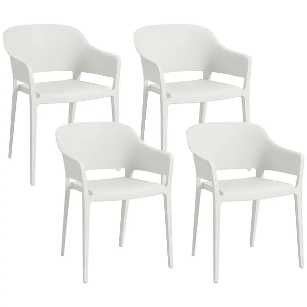 Outsunny Set din 4 Scaune de Grădină, Scaune Stivuibile de Exterior cu Spătar Înalt și Cotiere, 56x54.5x77.5 cm, Alb | Aosom Romania