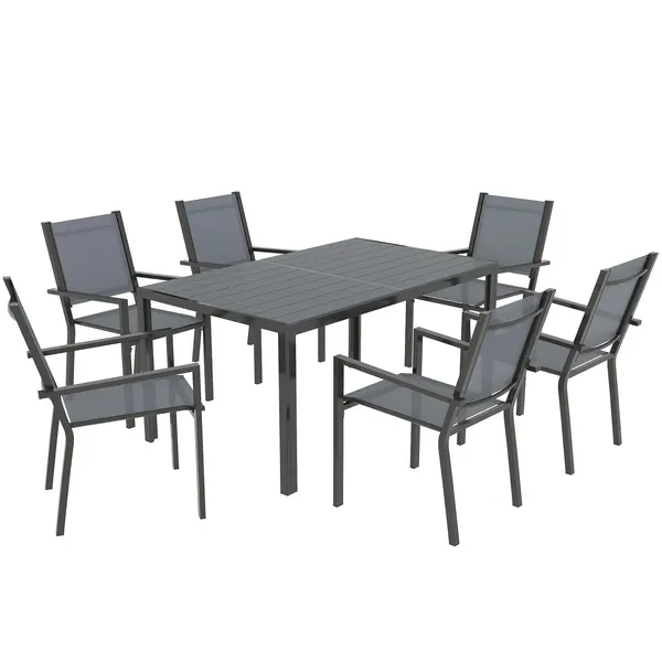 Outsunny Set Masă de Grădină cu Scaune, 7 Piese, Set de Prânz cu Masă cu Blat din Lemn Compozit cu Șipci și 6 Scaune de Exterior Stivuibile, Mobilier din Oțel cu Texteline, Gri și Negru | Aosom Romania