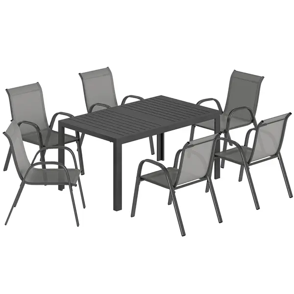 Outsunny Set Masă și Scaune de Grădină 7 Piese, Set Prânz Exterior cu Masă Dreptunghiulară, 6 Scaune Stivuibile din Textilenă, Set Mobilier de Grădină pentru Terasă, Balcon, Patio, Gri Deschis | Aosom Romania