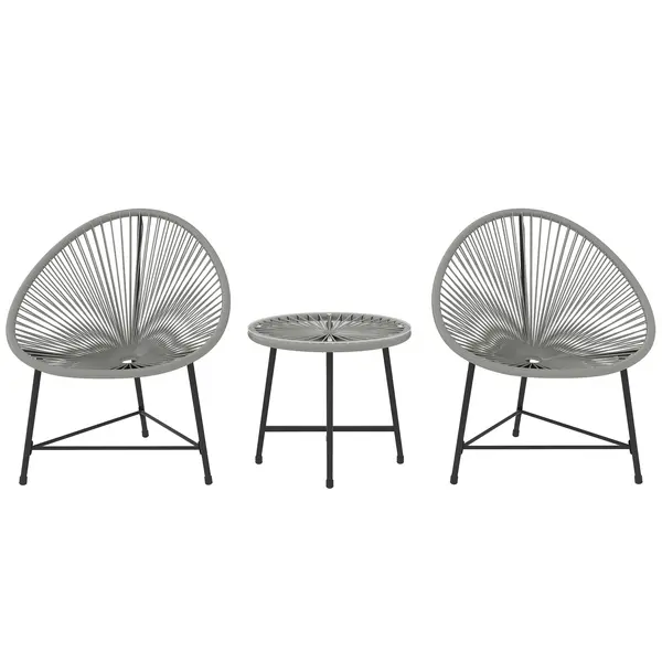 Outsunny Set mobilier de grădină 3 piese, 2 scaune din ratan plastic, 1 masă cu blat din sticlă, cadru din oțel, mobilier de exterior, Gri | Aosom Romania