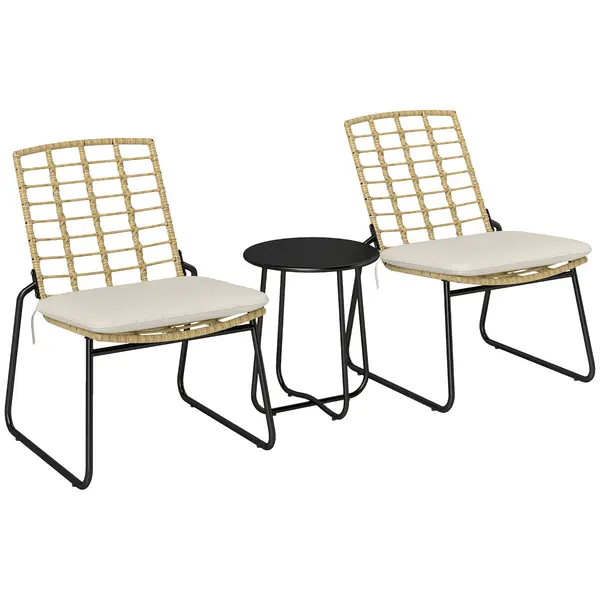 Outsunny Set mobilier de grădină, 3 piese, 2 scaune din ratan, 1 masă cu blat metalic, perne pentru șezut, set bistro, Bej & Maro | Aosom Romania
