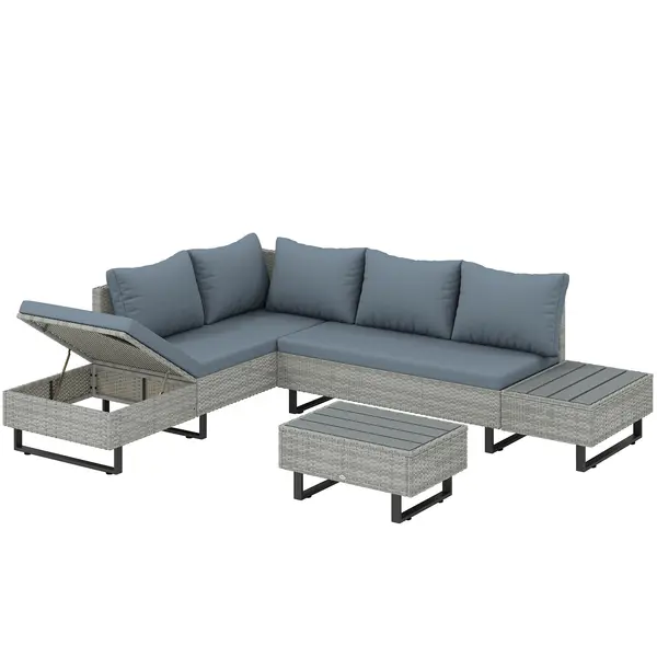 Outsunny Set Mobilier de Grădină 3 Piese din Ratan, Canapea Colțar în L cu Spătar Reglabil și Masă Imitatie Lemn, Gri | Aosom Romania