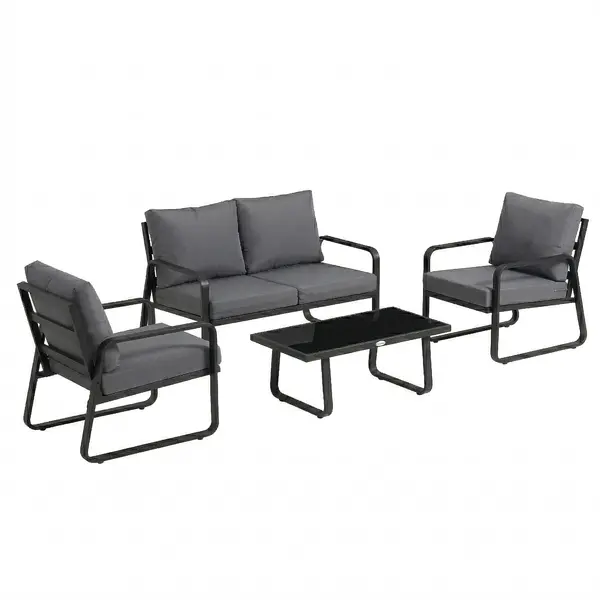 Outsunny Set mobilier de grădină 4 piese cu perne detașabile foarte groase 10 cm masă de cafea din sticlă securizată Negru | Aosom Romania