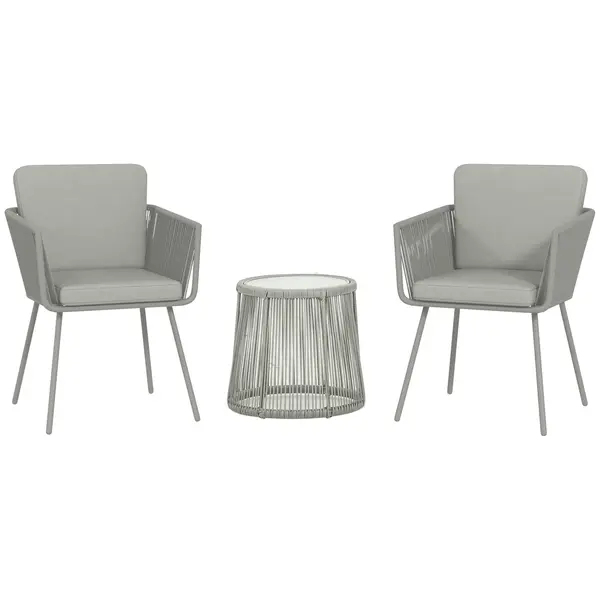 Outsunny Set Mobilier de Grădina cu 2 Scaune și Măsuță de Cafea cu Blat din Sticlă, Ø49x47 cm, Gri | Aosom Romania