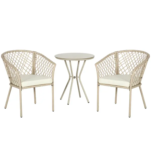 Outsunny Set Mobilier de Grădină din Ratan PE, Set Bistro 3 Piese cu Masă de Sticlă și Perne Moi, Mobilier de Conversație | Aosom Romania
