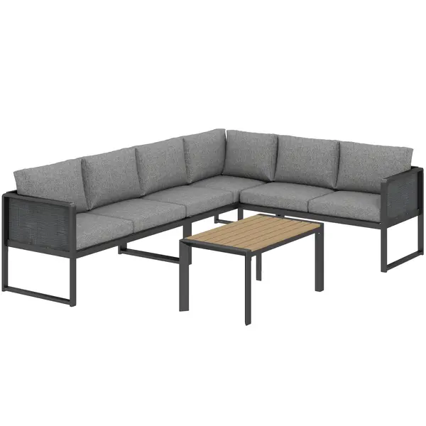 Outsunny Set mobilier de grădină exterior colțar modulabil 6 persoane, canapele, masă de cafea și perne, gri închis | Aosom Romania