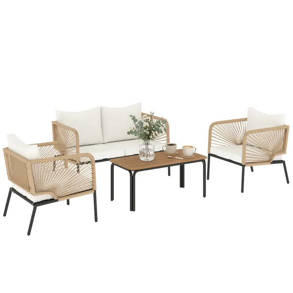 Outsunny Set mobilier de grădină, grup de șezut pentru 4 persoane, lounge cu sofă 2 locuri, 2 fotolii, masă cu lamele, împletitură tip sfoară, perne lavabile | Aosom Romania