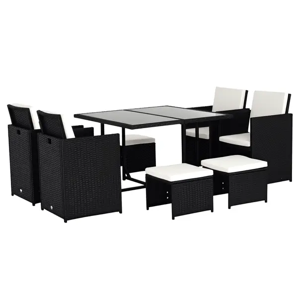 Outsunny Set Mobilier de Grădină încorporabil 8 persoane 9 piese rășină împletită 4 fire imitație răchită Negru Perne detașabile crem | Aosom Romania