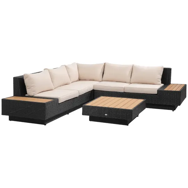 Outsunny Set Salon de Gradina 4 Piese din Ratan, Canapea de Exterior Coltar cu Perne, Masute Laterale si Masa de Cafea, Negru | AOSOM RO