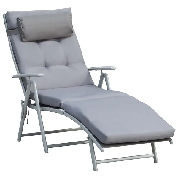 Outsunny Sezlong de Gradina Pliabil cu Saltea si Perna, Spatar cu 7 Pozitii de Inclinare, 137x63.5x100.5cm, Gri | Aosom Romania