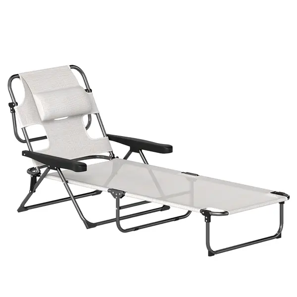 Outsunny Șezlong de grădină pliabil, spătar reglabil pe 4 niveluri, orificiu pentru lectură și suport pentru cap 72 x 194 x 89 cm crem | Aosom Romania