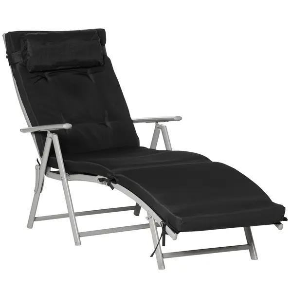 Outsunny Șezlong pliabil 7 poziții, șezlong înclinabil, confort sporit cu saltea + cotiere, metal epoxidic, textilenă, poliester Negru | Aosom Romania