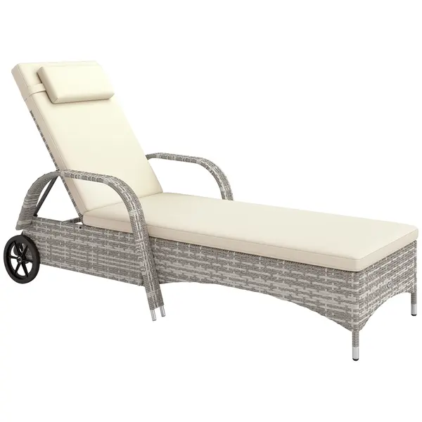 Outsunny Șezlong saltea înclinare reglabilă multi-poziții cotiere roți 200 x 73 x 30-103 cm gri deschis | Aosom Romania