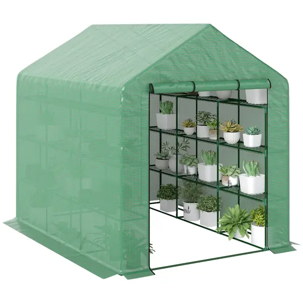 Outsunny Solar de grădină cu rafturi, husă PE rezistentă UV, ușă rulantă cu fermoar, cadru oțel, 190x120x190 cm, verde | Aosom Romania