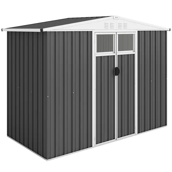 Outsunny Șopron de Grădină cu 4 Guri de Ventilație, 2 Ferestre și Acoperiș Înclinat, 246x117x161/180 cm, Gri Închis | Aosom Romania