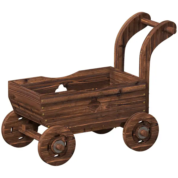 Outsunny Strat Înălțat pentru Grădină în Formă de Cărucior cu 4 Roți și Mâner, Ghiveci din Lemn de Molid cu Găuri de Drenaj, pentru Balcon, Terasă, 68x38x52 cm, Finisaj Carbonizat | Aosom Romania