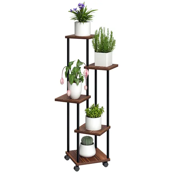 Outsunny Suport pentru flori cu 5 etaje, Suport pentru plante cu 5 niveluri, Design în formă de cascada, ușor de mutat, Lemn, Oțel | Aosom Romania