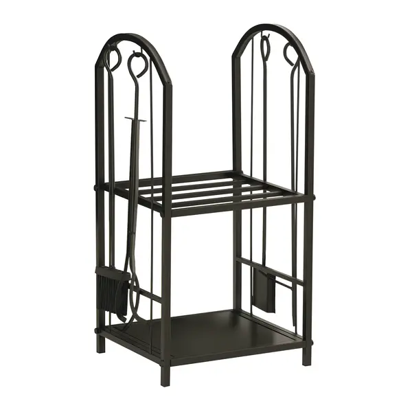 Outsunny Suport pentru Lemne cu 2 Rafturi, Lopată, Mătură și Clește, 41,5x32,5x74,5 cm, Negru | Aosom Romania