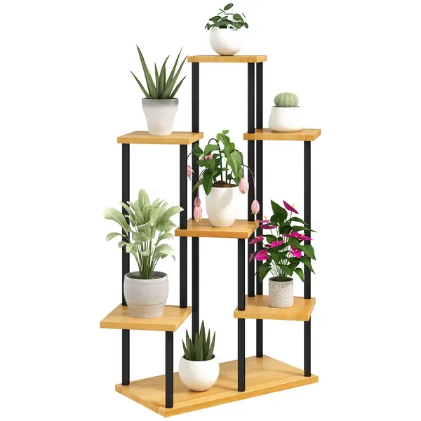 Outsunny Suport pentru plante cu 7 niveluri pentru interior și exterior, stand plante din oțel și lemn, lemn natural | Aosom Romania