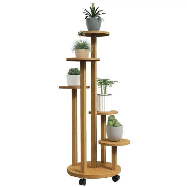 Outsunny Suport pentru plante din bambus rafturi rotunde pentru flori suport pentru ghivece de flori 5 nivele lemn natural | Aosom Romania