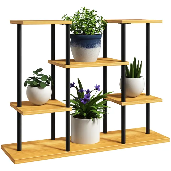 Outsunny Suport plante interior etajeră plantă cu 6 nivele cadru din oțel bază lemn masiv 80 x 24 x 61,5 cm lemn natural | Aosom Romania