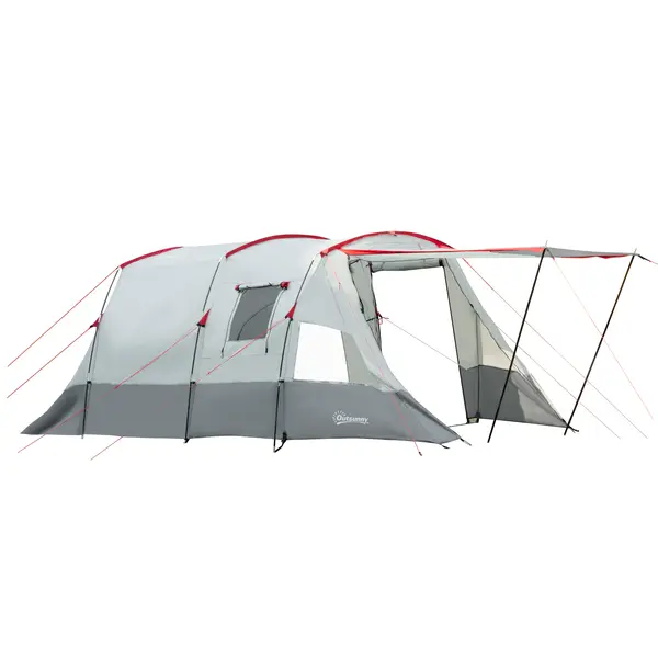 Outsunny Tenta de camping familială 6-8 persoane, tentă tunnel impermeabilă, uși + ferestre, 5,1 x 2,4 x 1,8 cm, gri deschis | Aosom Romania