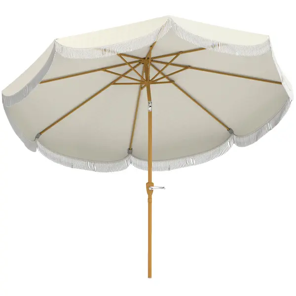 Outsunny Umbrelă Boho de Ø2.7 m pentru Exterior cu Protecție UV30+, Manivelă Manuală și Acoperiș Dublu cu Franjuri Bej | Aosom Romania