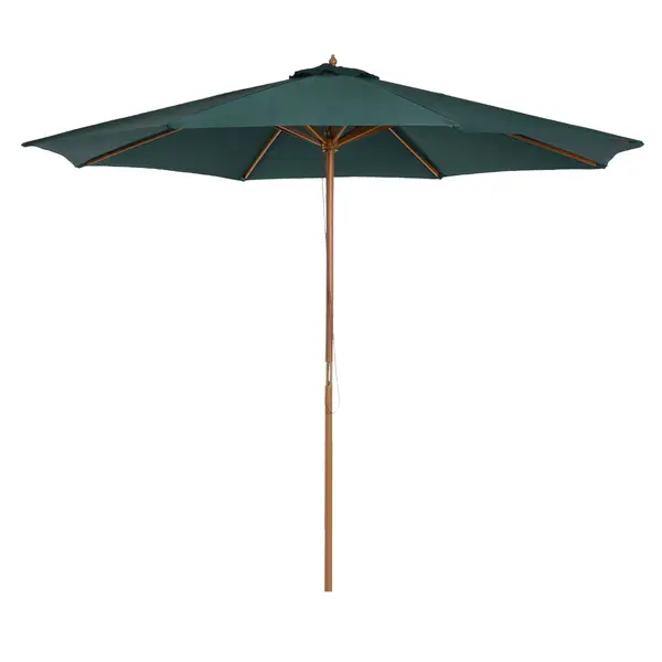 Outsunny Umbrelă de Grădină cu Deschidere cu Șnur, Stâlp din Lemn și Înveliș din Poliester, Ø300x250 cm, Verde Închis | Aosom Romania