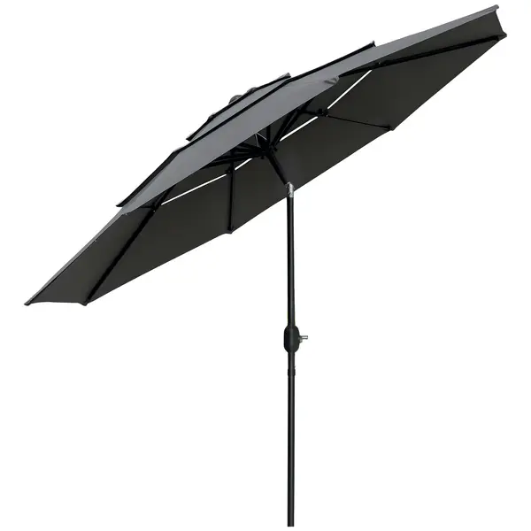 Outsunny Umbrelă de grădină exterioară umbrelă inclinabilă Ø 2,85 x 2,5 m cu manivelă, 2 deschideri, pânză 180 g/m², anti-UV, gri | Aosom Romania