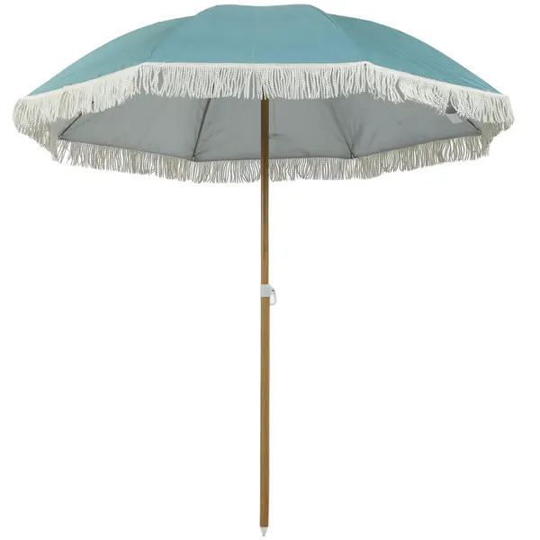 Outsunny Umbrelă de plajă mâner efect lemn Ø 1,7 m, umbrelă mare cu ciucuri înălțime reglabilă, UPF50+ sac de transport, bleu deschis | Aosom Romania