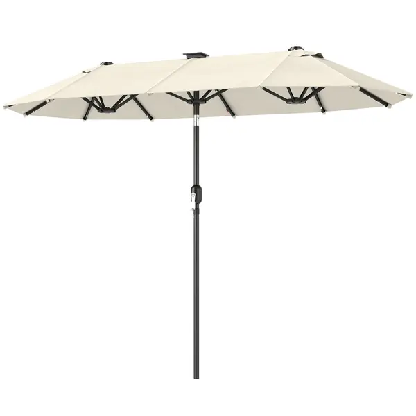 Outsunny Umbrelă dublă, umbrelă terasă, înclinabilă, cu panou solar, 35 LED-uri, cadru din oțel, bej, 2,92 x 1,50 x 2,18 m | Aosom Romania
