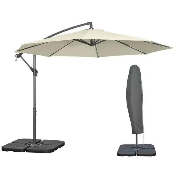 Outsunny Umbrelă Suspendată cu Bază în Cruce, Greutăţi, Manivelă și Protecţie UV, Ø3x2.5 m, Bej | Aosom Romania