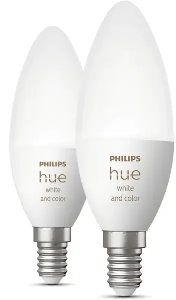 Pachet 2 becuri LED RGB inteligente Philips Hue B39, Bluetooth, Zigbee, E14, 4W (25W), 470 lm, lumina alba si color