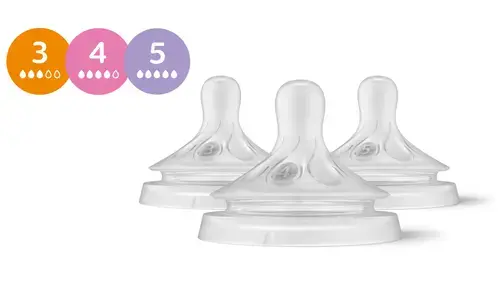 Pachet 3 tetine Philips Avent Natural Response SCY960/03, +1 luna, +3 luni si +6 luni, tetina care functioneaza ca sanul mamei, debit 3,4,5, fara BPA