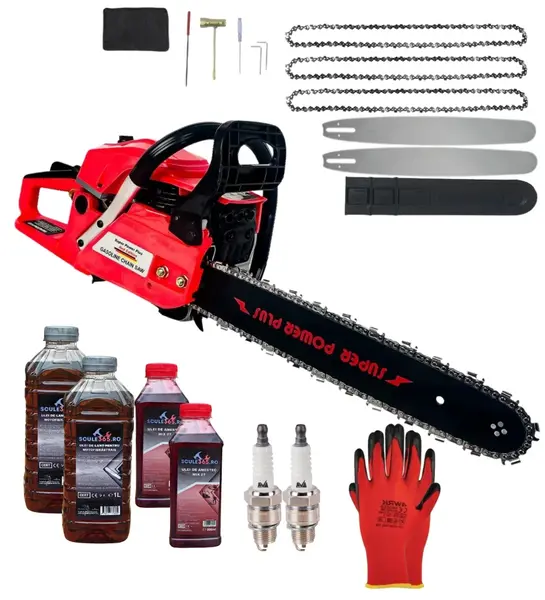 *PACHET* 8.8cp 58cmc Drujba benzina + 3 lanturi + 2 lame + x2 ulei ungere lant 1L + x2 ulei amestec 0.5L + x2 bujii + accesorii + manusi protectie CRAFT-TEC GERMANY, Super Power Plus *RED edition